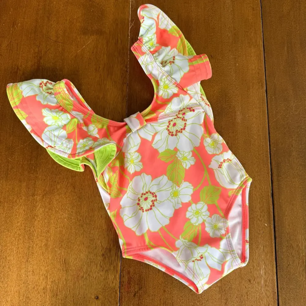 Janie‎ and Jack Ruffle Swimsuit Floral Coral Curl Girls 12-18 Mos Preppy Summer